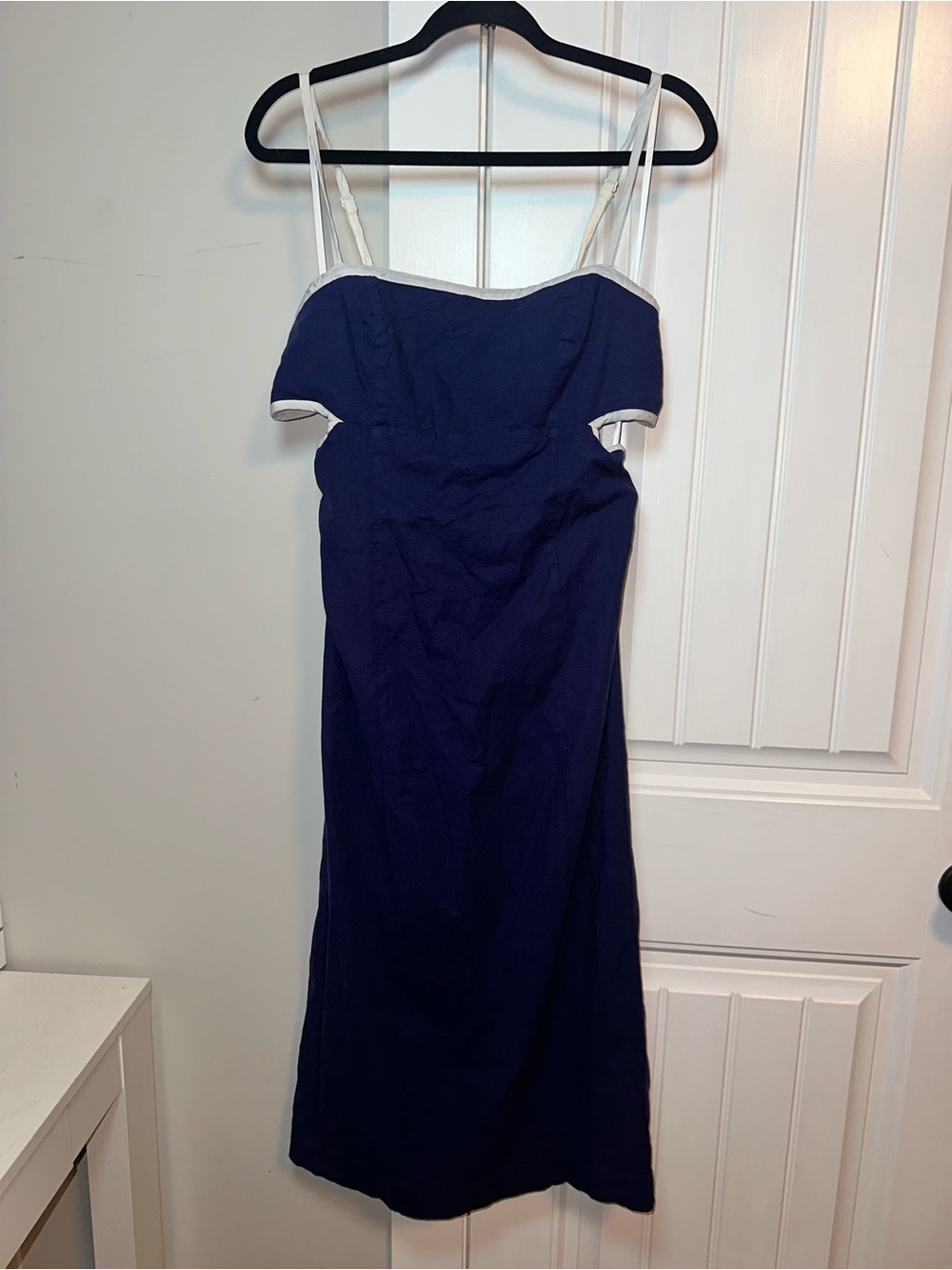 Maeve Anthropologie NWT Linen Size Medium Navy Midi Dress Open Back - Picture 2 of 15